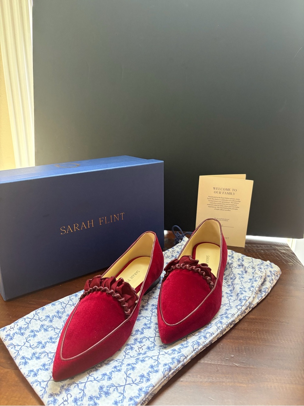 NIB Sarah Flint Gudel Flat Burgundy Velvet US 7.5 New in Box Discontinued Color